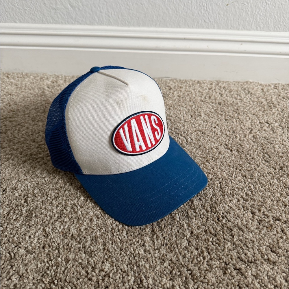 Vans White Front Blue Mesh Trucker Hat with Red Logo Patch